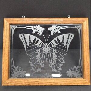 Vintage Butterfly Glass Wooden Frame Window Panel Sun catcher